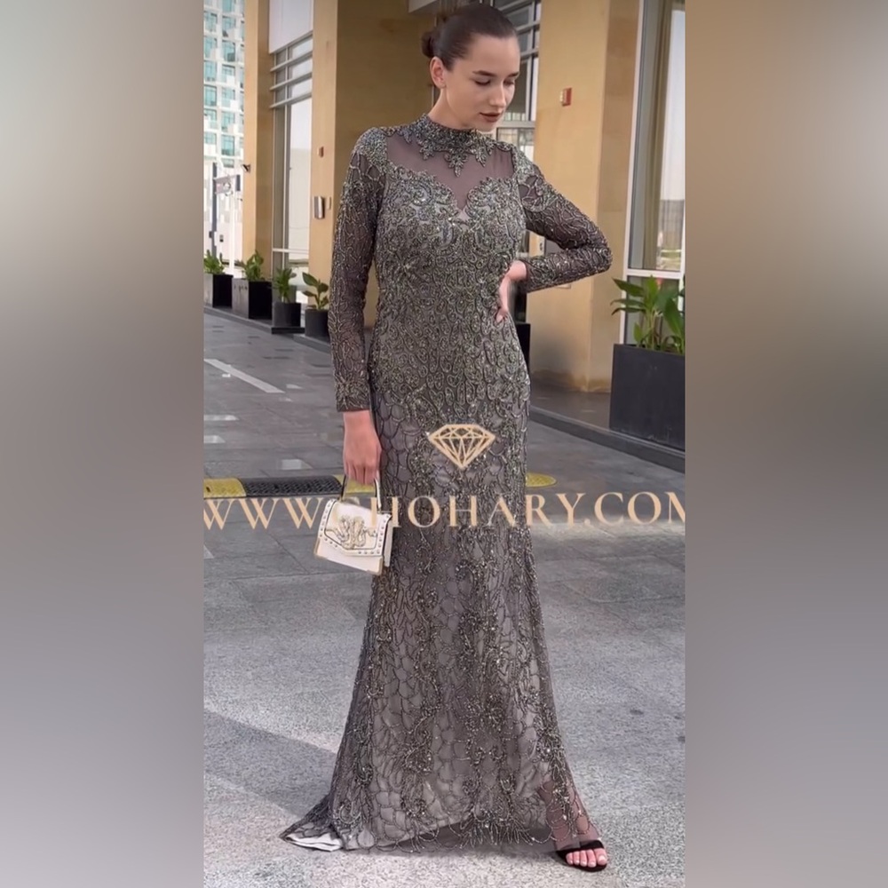 Elegant Gray Beaded Evening Gown